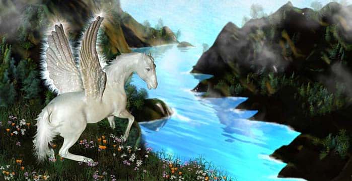 Riding Pegasus in stories and the tie to god Poseidon. The winged stallion.